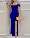 Women Velvet Chain Strap Split Thigh Party