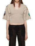 Fashion Women's T-shirt Loose Round Neck Half Sleeve Backless Cartoon Print Khaki Short Tops Cotton Summer 2023 New