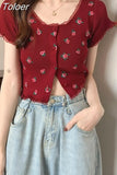 Knitted Cardigan Crop Top Women Summer 2023 Floral Lace Patchwork Shirt Single Breasted Cute T Shirts Short Sleeve