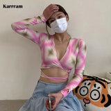 Y2k Aesthetics Crop Tops Korean Fashion Irregular V-neck T-shirts Grunge Fairycore Bandage Tops Chic Designer