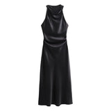 2025 New Fashion Round-Neck Sleeveless Black Silk-Sense Tidling Dress