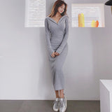 Vintage Casual Hooded Long Sleeve Long Party Dress Ladies Elegant Streetwear Robe Sexy Bodycon Skinny Female Split