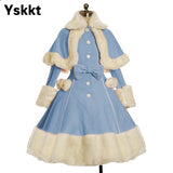Yskkt Women Lolita Autumn Coat Warm Fur Collar Bowknot Dress Jacket Fashion Sweet Princess Breasted Overcoat Halloween