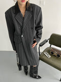 Women Gray Striped Big Size Long Blazer New Lapel Long Sleeve Loose Fit Jacket Fashion Tide Spring Autumn 2023