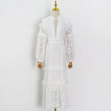 Vintage Cut Out Women's Dresses Stand Collar Long Sleeve High Waist Solid Maxi Dress Female 2021 Summer New