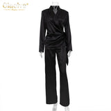 Balck Casual Satin Women Sets Autumn Long Sleeve Blazers With Wide Leg Pants Set Elegant Lace-Up 2 Piece Trousers