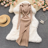 Women Korean Knitted Dress Long Sleeve V Neck Elastic Slim Pencil Dresses 2022 Autumn Sexy Bodycon Split Sweater