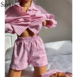 Sexy Casual Women Tracksuit Pink Plaid Shorts Lounge Wear Long Sleeve Shirt Tops And High Waist Mini Shorts Two Piece