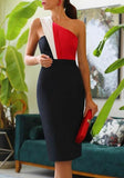Contrast Color One Shoulder Party Elegant Midi