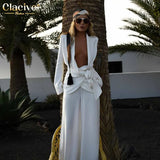 Lace-Up Blazer Two Piece Pants Set Women Elegant Loose Satin Wide Trouser Suits Female Fashion High Waist Pants
