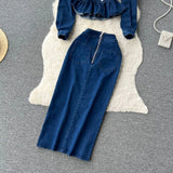 New Retro Suit Female Lace Doll-Collar Denim Jacket + Medium And Long Bag Hip Skirt