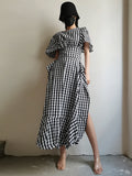 TWOTWINSTYLE Vintage Side Split Plaid Dress For Women Round Neck Puff Sleeve High Waist Ruffle Trim Dresses Female Fashion