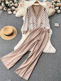 Plaid Knitted Two Pieces Suit Women Loose Knit Cardigan +Wide Leg Knitted Long Pant 2022 Winter OL Casual Sweater