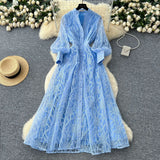 Retro Elegant Dress Woman 2025 New High-End Collar Single Buckle Waist Embroidery Mesh