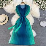 Spring Autumn Women Gradient Red/Green/Purple Pleated Midi Dress Female Vintage O-Neck High Waist Draped Loose Vestidos New