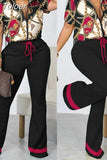 Neck Short Sleeve Top Women Two Piece Suits Lace Up Straight Long Pants Sets Print Tight High Waist Office Lady 2023