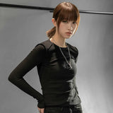 Women Black White Ruffles Fold Slim Casual T-shirt New Round Neck Long Sleeve Fashion Tide Spring Autumn 2023