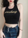 Women Elegant Halter Mink Hair Tank Tops O-Neck Knitted Off Shoulder Crop Tops Sexy Elastic Solid Tops For