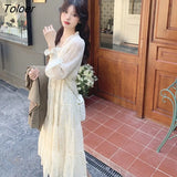 Women Summer V-neck Ruffles Tender Sweet Girlish Korean Style Leisure Gentle Midi Cupcake-dress Holiday Mujer