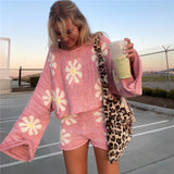 Tossy Knitted Women's 2 Piece Sets Outfits Casual Pink Floral Sweet Oversized Sweater Suit With Shorts For Women 2021