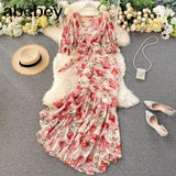Pink/Blue Floral Print Chiffon 2pcs Set Women Boho Chic Bandage Short Tops + High Waist Mermaid Skirt Female Sets