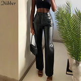 Luxurious Faux PU Leather Y2K Pants Women's Leisure Straight Pants 2021 Street Clubwear Slim Punk Design Trousers