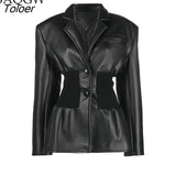 Women Single Breasted PU Leather Blazer Jacket Black Tunic Slim Knitted Waist Designer Luxury Lapel Long Sleeve Blazer