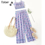 Boho Vintage Pattern Print Women 2 Piece Set Spring 2023 Midriff Baring Wide Leg Pant Retro Chic Beach Vacation Women