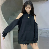 Graduation party Leisure Hoodies Korean Loose Casual Crescent Print Shoulder Bare Hooded Pullovers Women Streetwear Plus Size