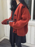 New Autumn Winter Women Sweater Solid Color Loose V-neck Mid-length Sweater Knitted Cardigan Coat Top Cropped Cardigan
