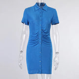 Dress Women Ruched Skinny Mini Shirt Dress 2021 Spring Elegant Bodycon Green Vestido Casual Ladies Sexy Slim Short