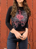 Rockmore Vintage Print T-shirt Women Aesthetic Long Sleeve Crop Top Autumn E Girl Casual Basic Tee Shirt 90s Grunge