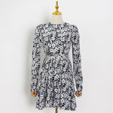 Print Temperament Spring Dress For Women O Neck Long Sleeve High Waist Sashes Blue Dresses Female Fashion New
