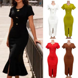 Body-Stupling Short-Sleeved Bag Hip Dress Gold Metal Buckle Open-Fork Solid Color
