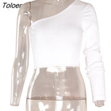 Women Tops Sexy One Shoulder Long Sleeve Camisole Femal Crop Tops Elastic Short Knitting Cropped Cami Tees