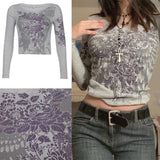 Rockmore Vintage Print T-shirt Women Aesthetic Long Sleeve Crop Top Autumn E Girl Casual Basic Tee Shirt 90s Grunge