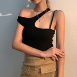 Sexy Irregular Tank Top Women Off Shoulder Black Camisole Slim Designer Clothing Skinny Knitted Ribbed Tops