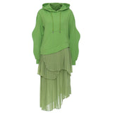 Women Green Irregular Pleated Long Big Size Dress New Hooded Long Sleeve Loose Fit Fashion Tide Spring Autumn 2023