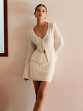Summer New Set Knitted Hollow Deep V Collar Long Sleeves Shirt Casual