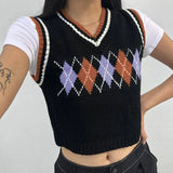 Argyle Y2K Sleeveless Sweater Vest 90s V Neck Plaid Knitted Vests Women Casual Preppy Style Crop Top Autumn