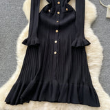 Scented Dress Women's Autumn And Winter Set High-End Feeling V-Neck Metal Buckle Slimming Lotus Leaf Side Knitting