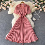 French Dress Women Korean Style Short Sleeve Solid Office Lady Dresses Summer Casual Vacation Beach