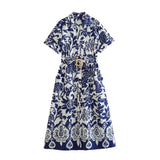 Women's New Belt Dress With A Fan-Print Short-Sleeved Dress
