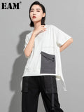 Women Black Big Size Plaid Pocket Button Ribbon T-shirt Round Neck Short Sleeve Fashion Tide Spring Summer 2023