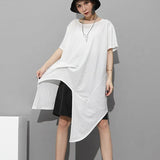 Women White Irregular Split Joint Big Size T-shirt New Round Neck Short Sleeve Fashion Tide Spring Summer 2023