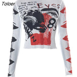 Gothic Aesthetic See Through Women T-shirts Grunge Sexy Printed Bodycon Crop Tops Punk E-girl Long Sleeve