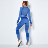 Athletic Seamless Striped Set Gym Sport Suit Workout Clothes Women Long Sleeve Shirts Seamless Shorts Fitness