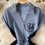 National Trend Denim Dress Women's New Chinese-Style Retro Embroidery Waist Thin Open Fork Ass Fashion