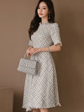 Korean Elegant Midi Tweed Dress Women Luxury Chic Casual Plaid Slim Gown Robe Femme Ladies Female Mujer Party