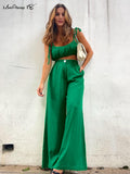 Cotton Women Summer Green Outfit Sleeveless Crop Top And Palazzo Pants 2 Piece Set Female Midriff Top Trousers